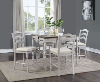 ACME Bettina 5PC COUNTER HEIGHT TABLE SET Beige Fabric, Antique White & Weathered Oak Finish DN01439 - as Pic