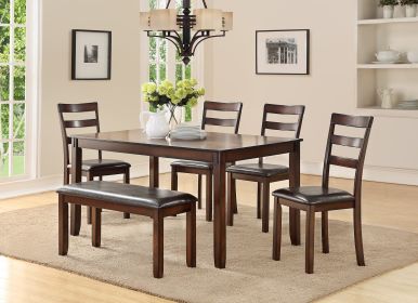 Classic Style 6pcs-Dining Set Rectangle Table 4 Side Chairs And Bench Dining Room Furniture MDF Rubber wood - as Pic
