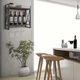 Industrial Wall Mounted Wine Rack with 3 Stem Glass Holders - Rustic Brown