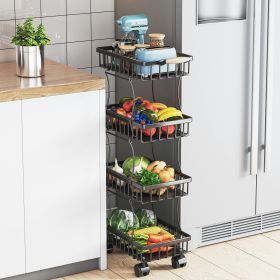 4 Tier Fruit Vegetable Basket for Kitchen, Storage Cart, Vegetable Basket Bins, Wire Storage Organizer Utility Cart with Wheels, Medium, Black - black