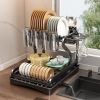 Dish Drying Rack 2 Tier Metal Kitchen Dish Rack with Utensil Holder Dish Drainers and Drainboard Sink Rack for Dishes  - Black