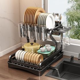 Dish Drying Rack 2 Tier Metal Kitchen Dish Rack with Utensil Holder Dish Drainers and Drainboard Sink Rack for Dishes  - Black