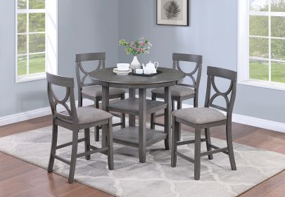 Counter Height Dining Table w Storage Shelve 4x Chairs Padded Seat Unique Design Back 5pc Dining Set Gray Color - as Pic