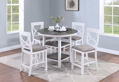 Counter Height Dining Table w Storage Shelve 4x Chairs Padded Seat Unique Design Back 5pc Dining Set White Color - as Pic