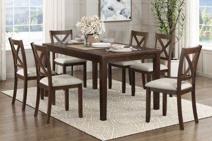 Dark Chery Finish Wooden Dining Set 7pc Dining Table and Beige Side Chairs Transitional Kitchen Breakfast Furniture Set - as Pic